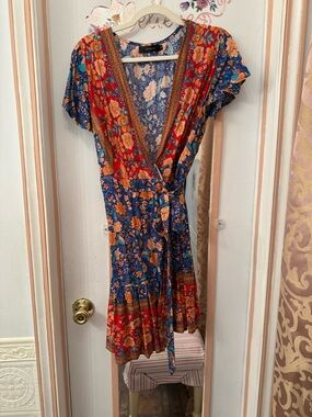 Floral V-Neck Wrap Dress in Blue & Red